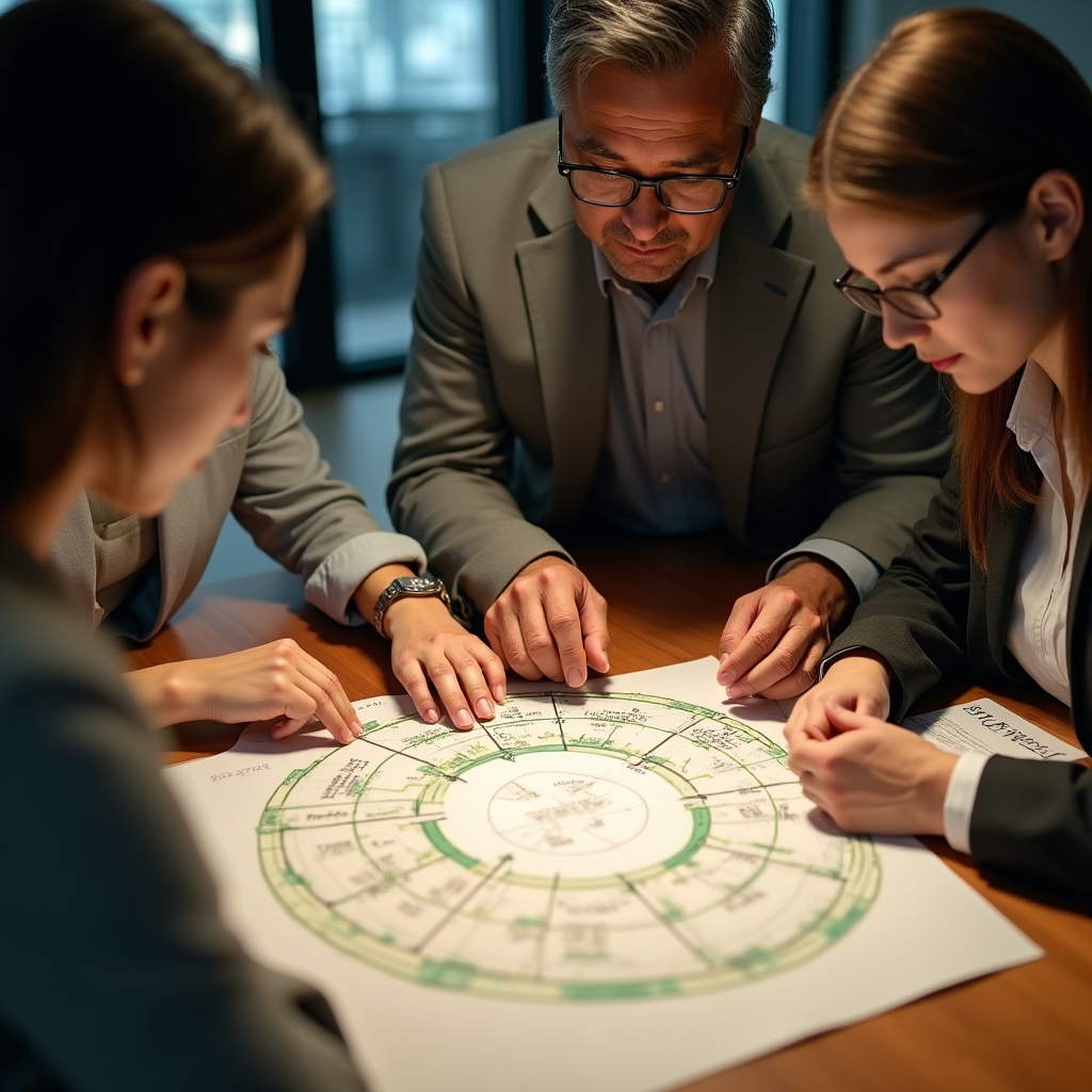 Equipo revisando un diagrama de proceso productivo circular en una mesa de trabajo